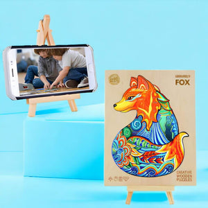 Lid from a fox wooden puzzle adults displayed on a wooden easel on blue background