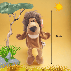 Lion open mouth hand puppet on with dimensions on brown background