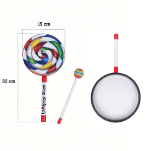 Lollipop drum and beater with dimensions front and back image