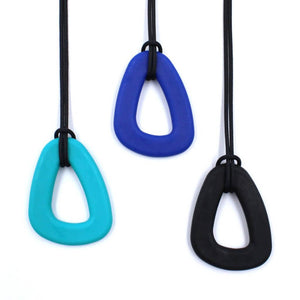 Loop chew necklaces teal, blue, black on white background