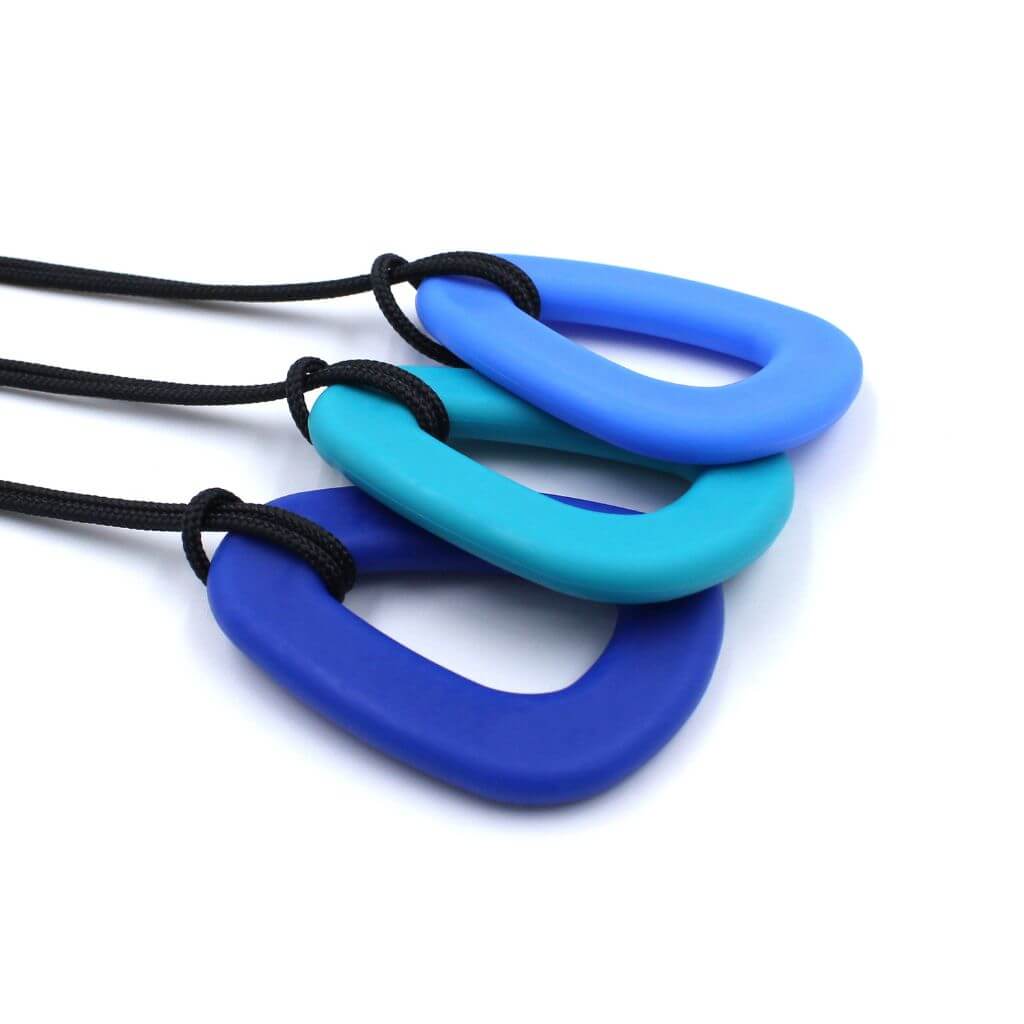 Loop chew necklaces teal, blue, black on white background