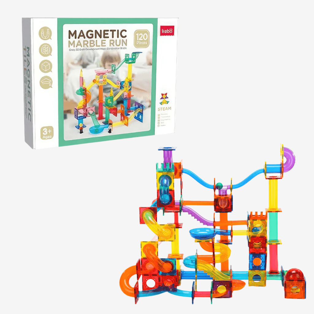 Magnetic ball run and box on white background