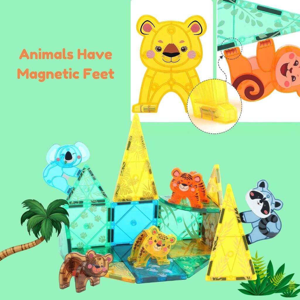 Magnetic blocks with animals on green background
