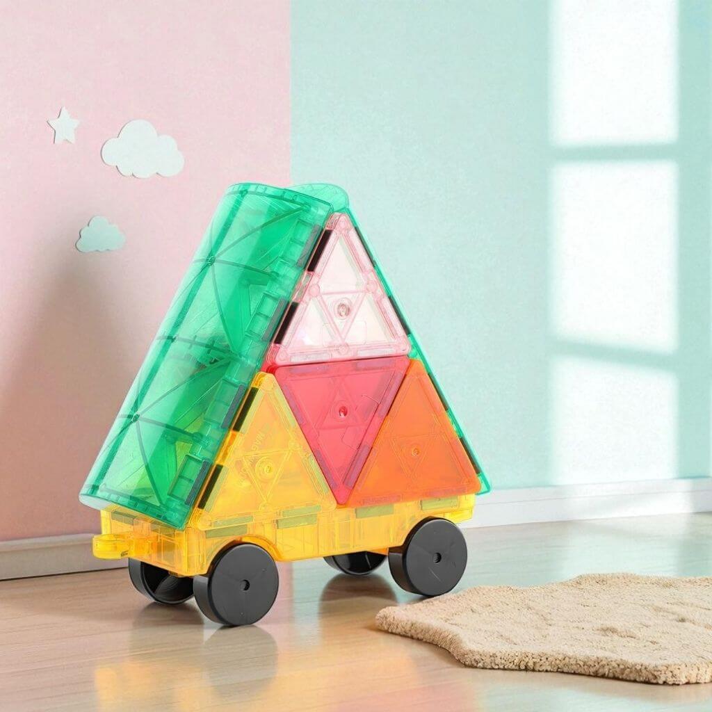 Magnetic tile car on a wooden floor