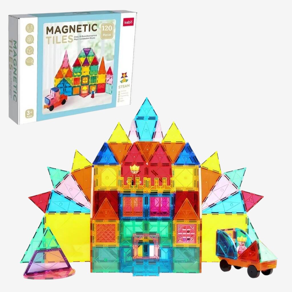 Magnetic tiles 120 pieces box and building on white background