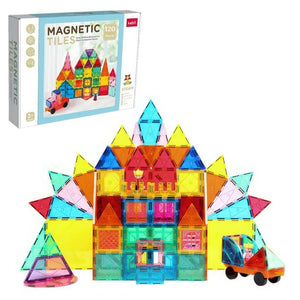 Magnetic tiles 120 pieces box and building on white background