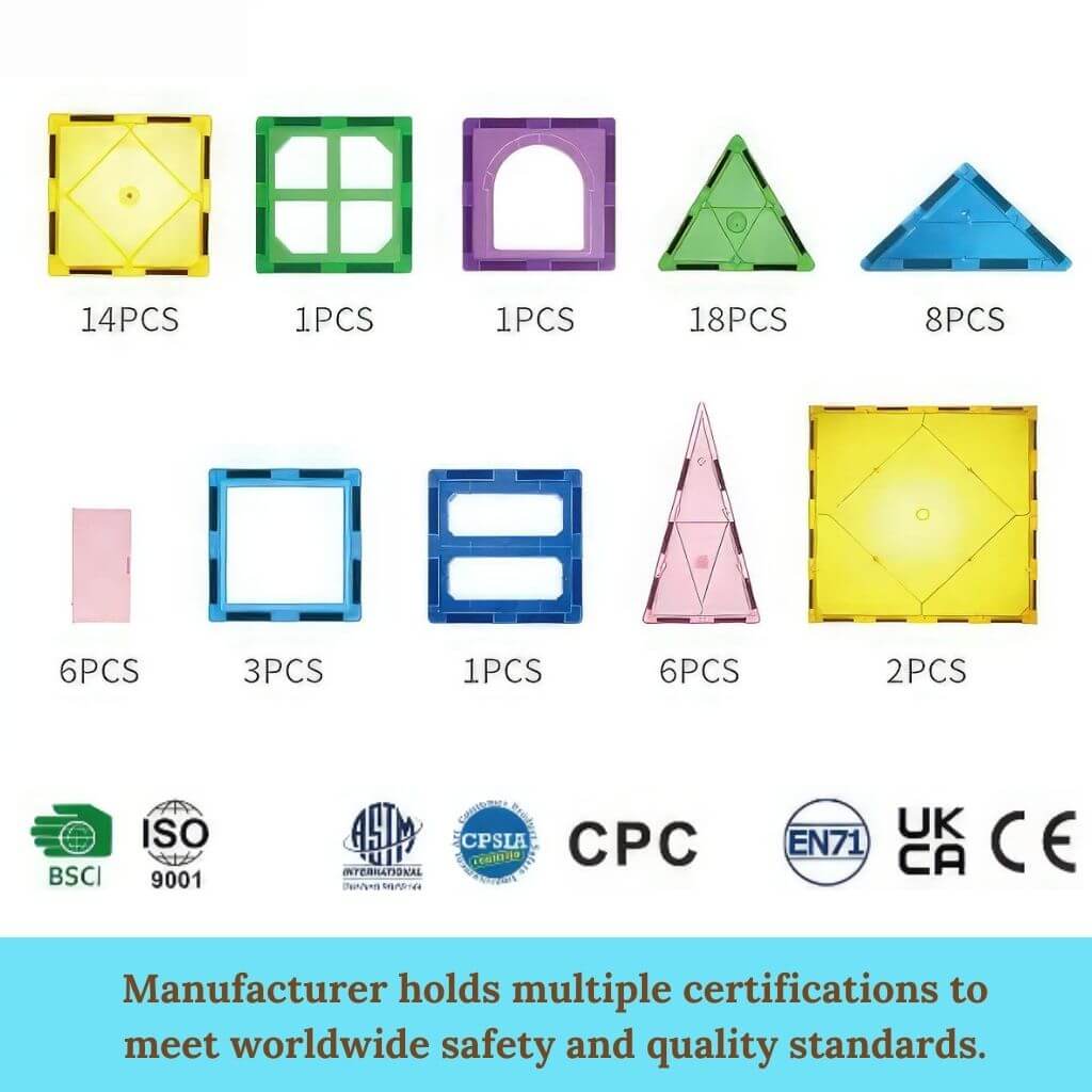 Magnetic tiles 60 pieces set manufacturer certifications and quality standards