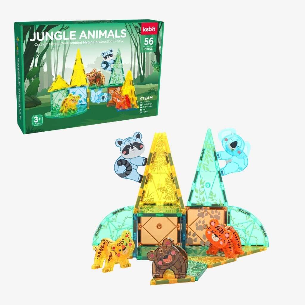 Jungle animals toy set with transparent figures and packaging on a white background