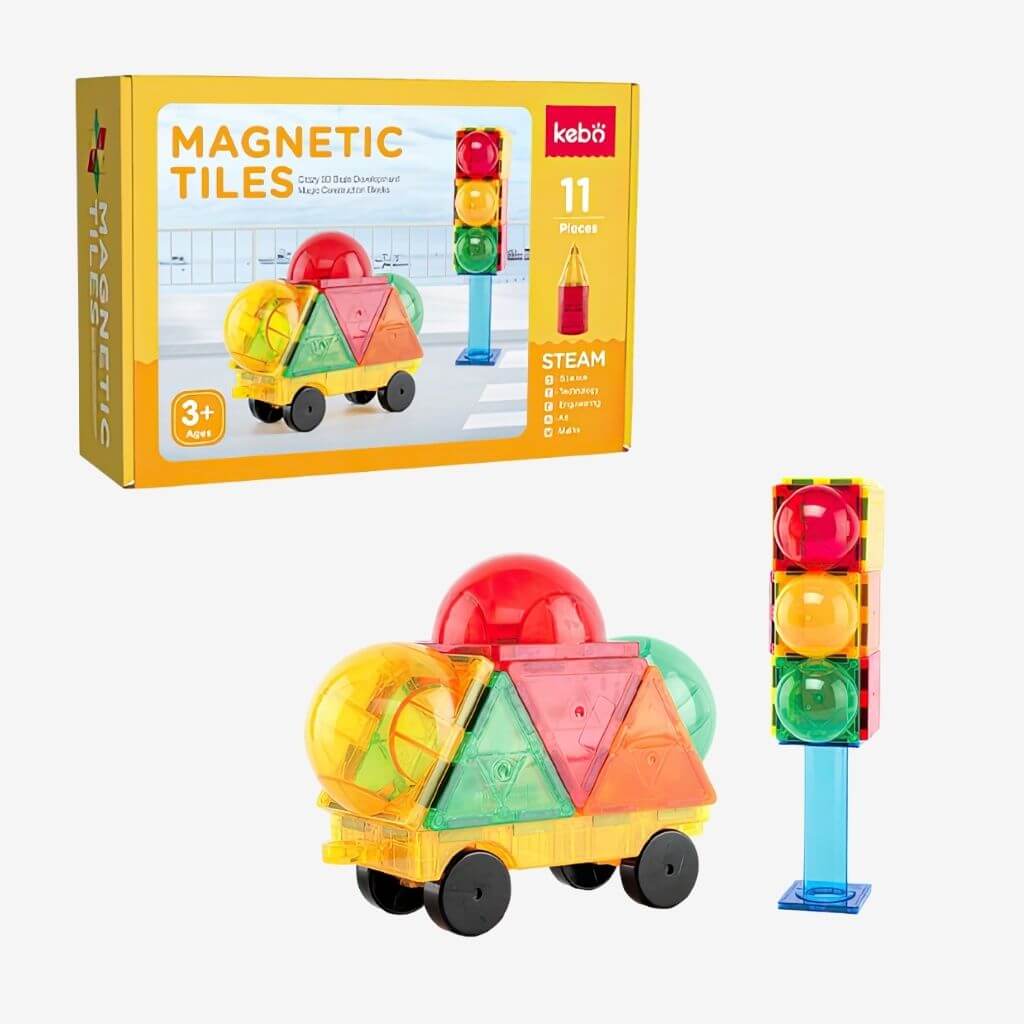 Magnetic tiles car set and box on white background