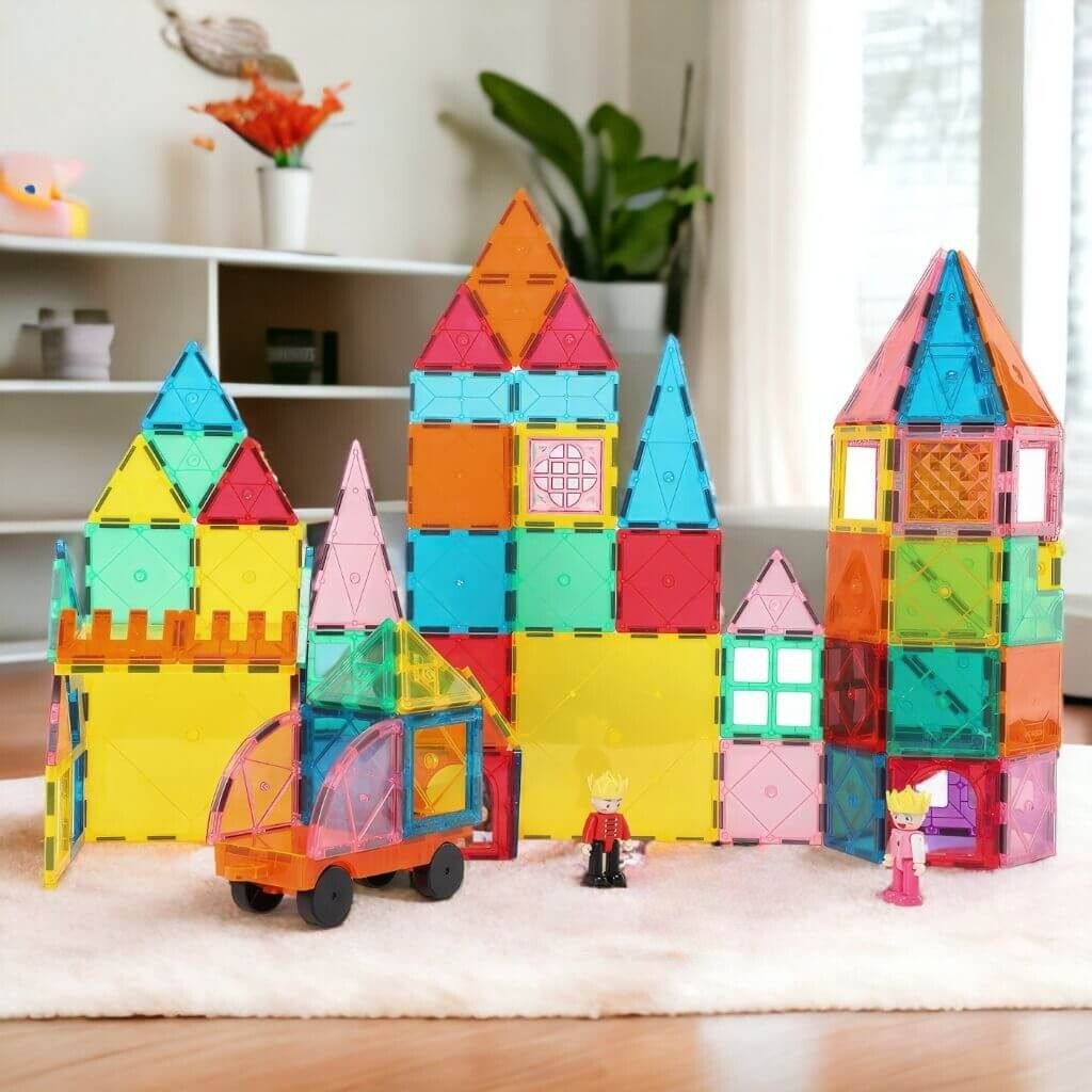 Magnetic tiles castle on a beige rug in a child&#39;s room