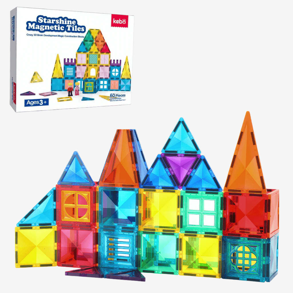 Magnetic tiles castle and box on white background