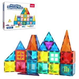 Magnetic tiles castle and box on white background