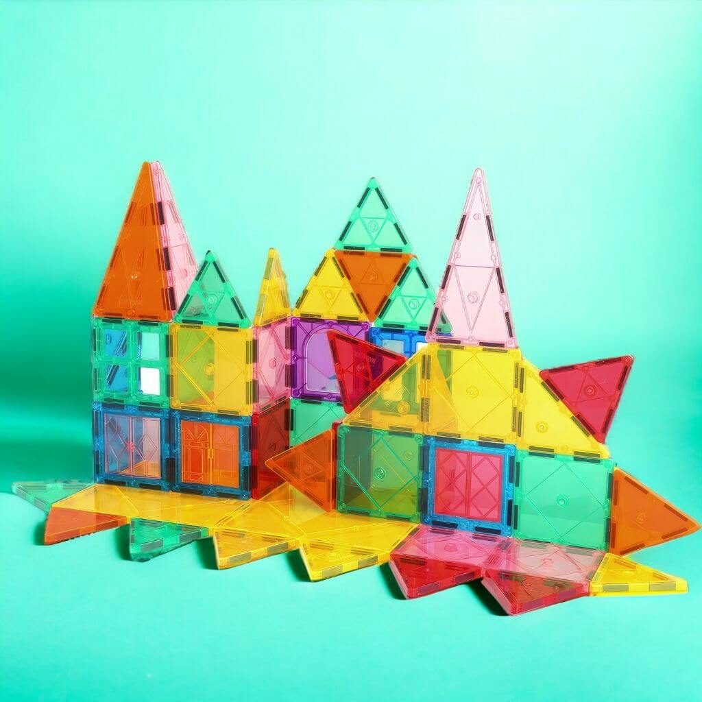 Magnetic tiles castle on green background