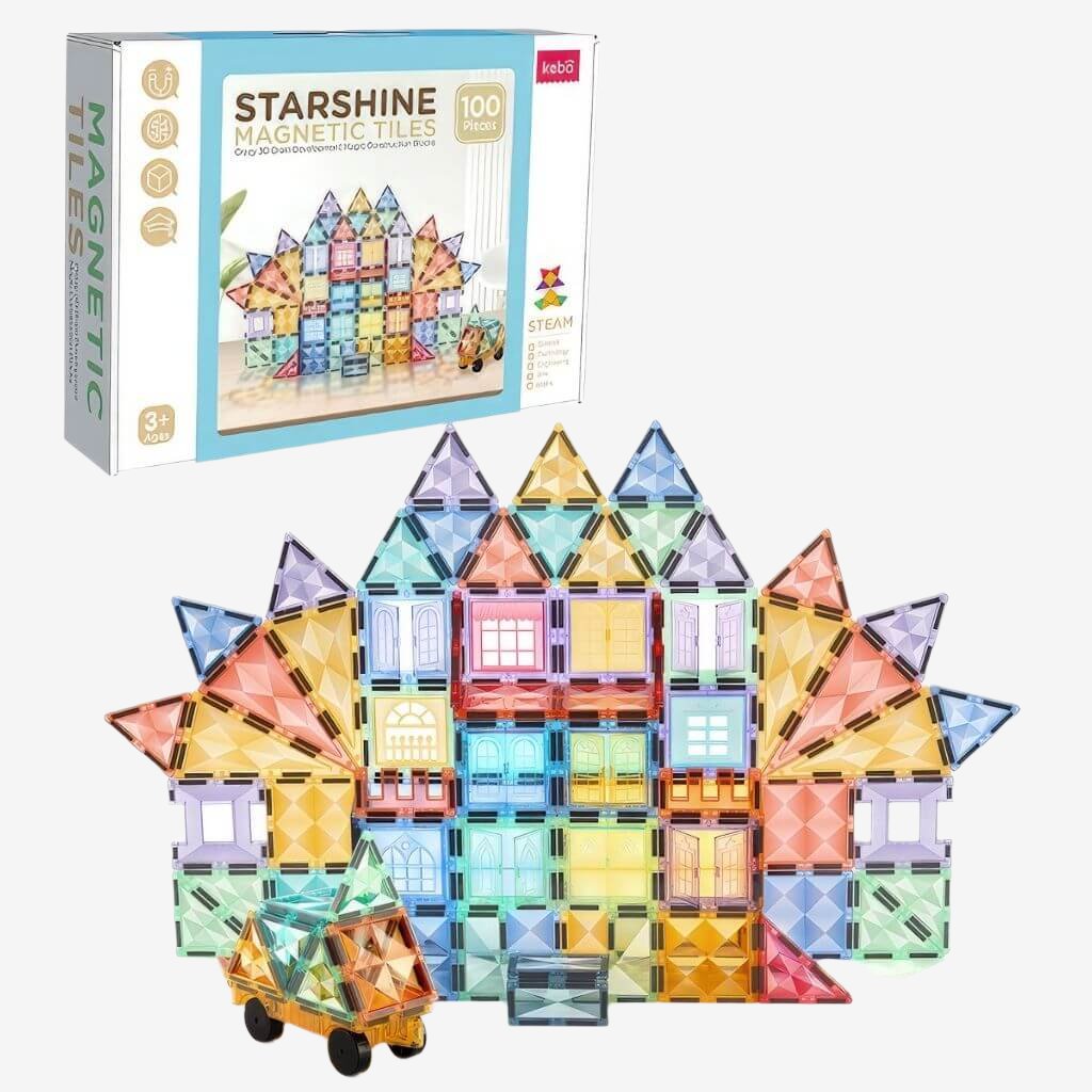 Magnetic tiles for building 100 pcs box and castle on white background