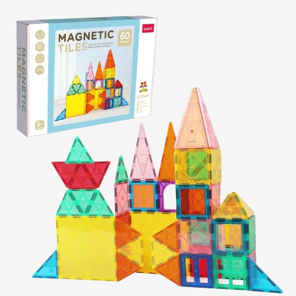 Magnetic tiles for building box and castle on white background