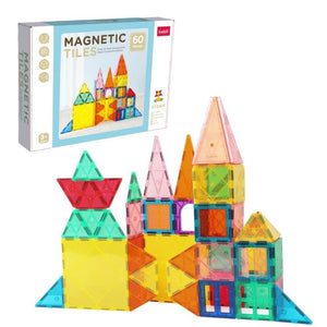 Magnetic tiles for building box and castle on white background