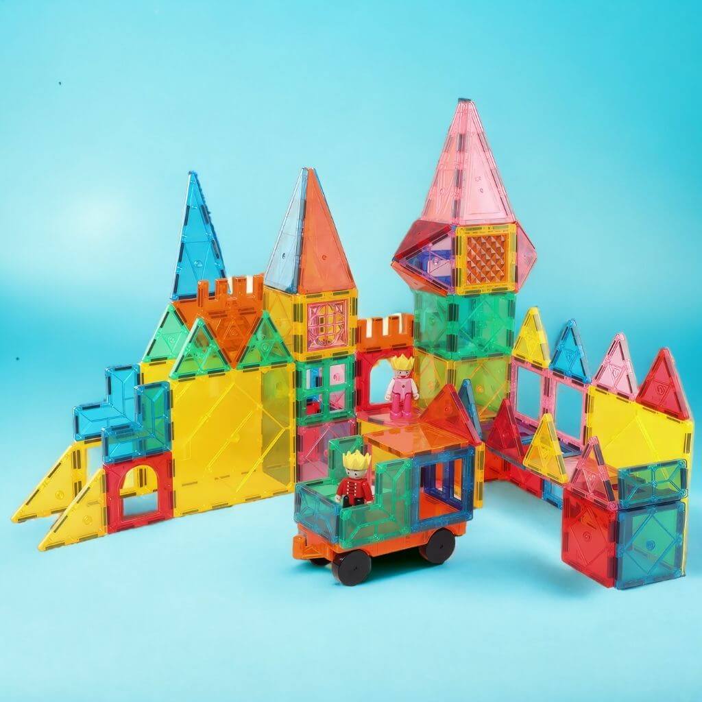 Magnetic tiles for building on blue background