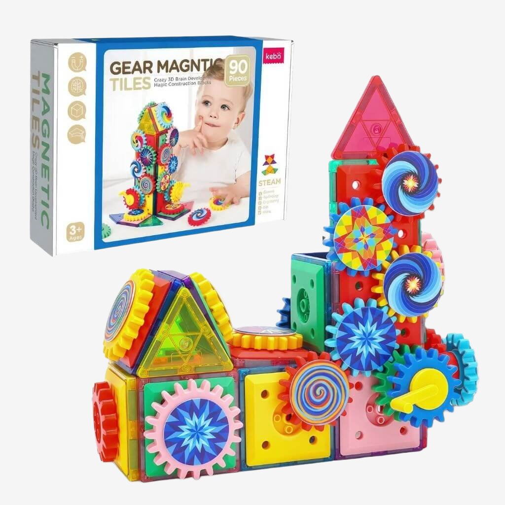 Magnetic tiles with gears 90 pcs box and a tower on a white background