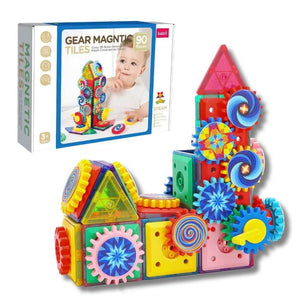 Magnetic tiles with gears 90 pcs box and a tower on a white background