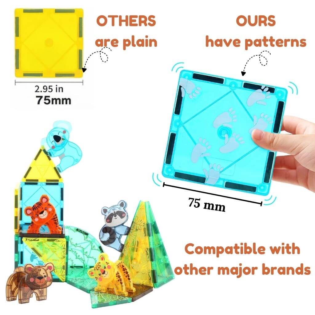 Transparent building block set with patterns, held by a hand, compared to plain blocks.