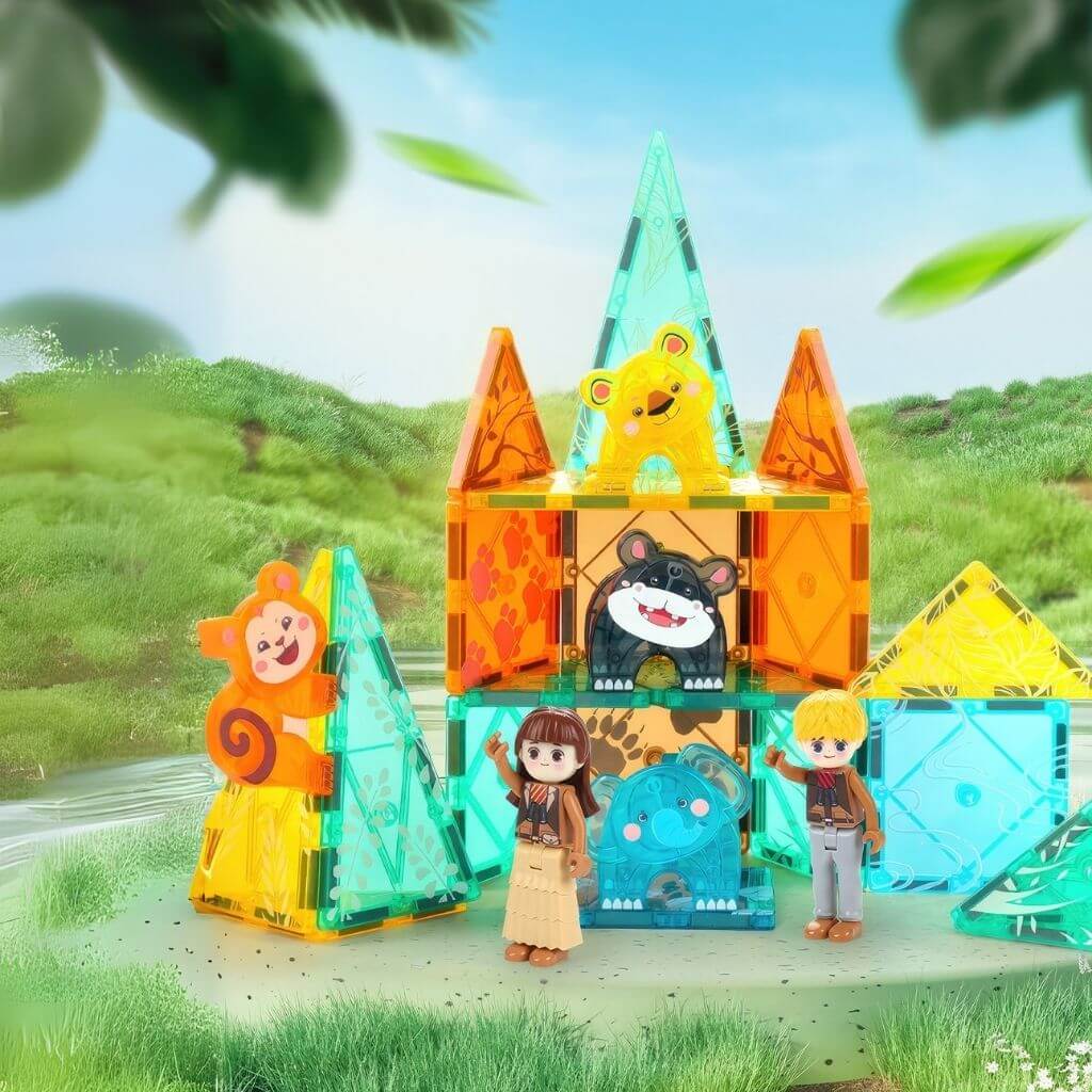 Magnetic tiles jungle animals in a natural setting