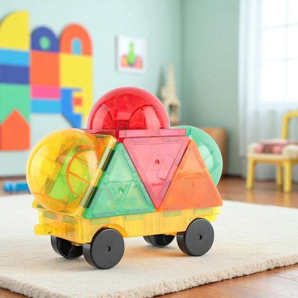 Magnetic tiles car set and box on white background