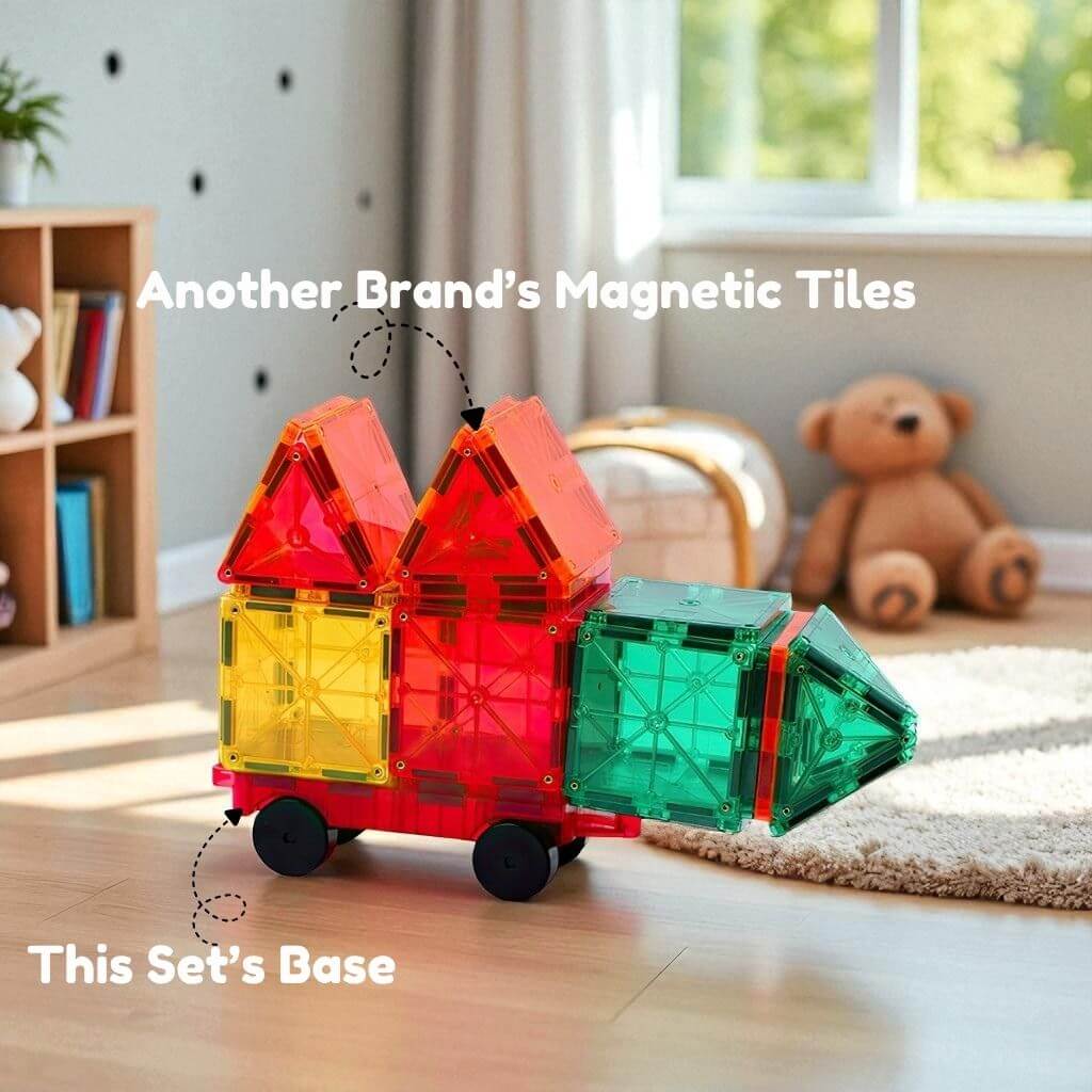 Magnetic tiles vehicle builder on a wooden floor
