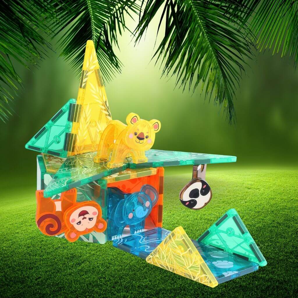 Magnetic tiles with animals on a green grass background