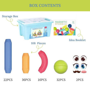 Magnetic toy building set with balls and sticks box contents info graphic