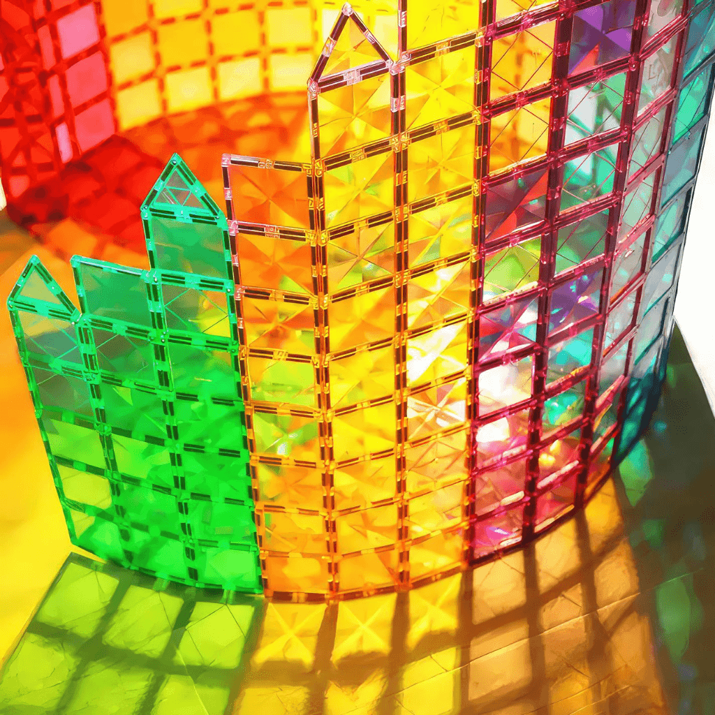 Magnetic tiles wall with light shining through