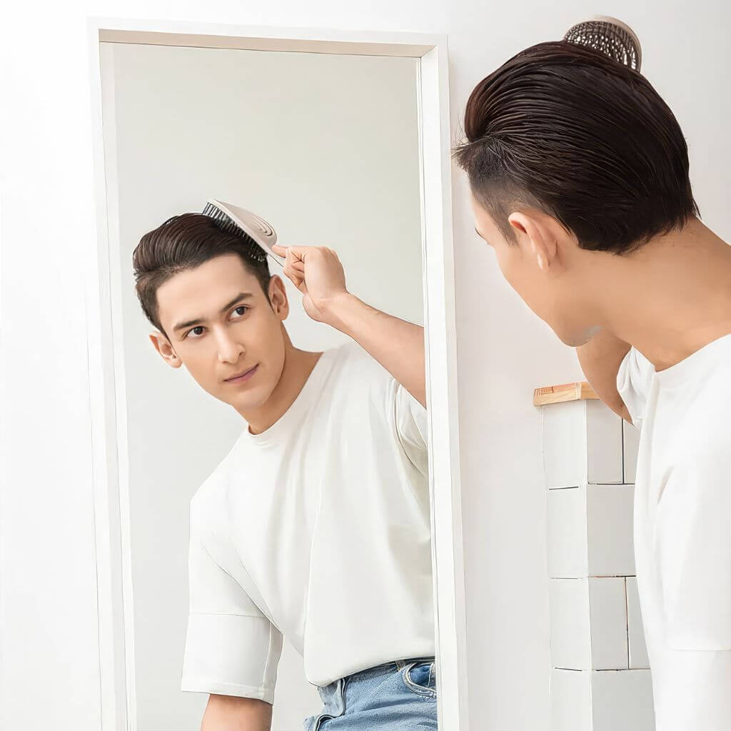 Man combing hair with a hair brush for thick hair