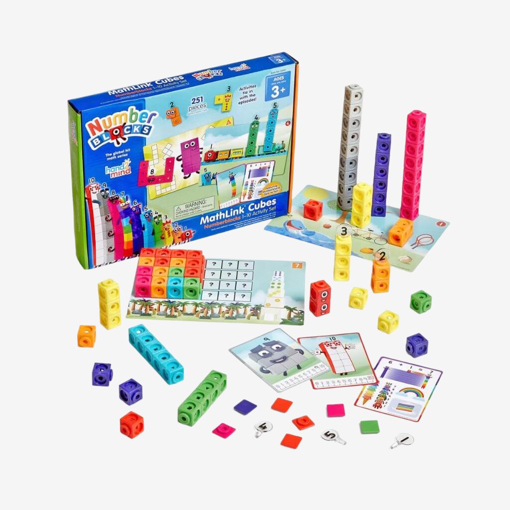 Mathlink cubes numberblocks one to ten activity set box and contents on white background