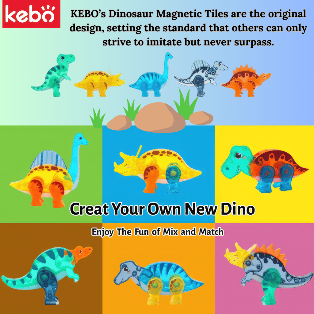 Mix and match magnetic tiles dinosaurs by Kebo