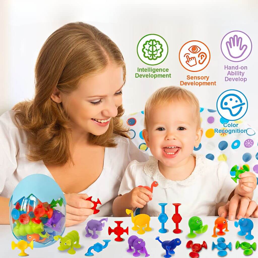 Mom and baby playing with high chair suction toys 