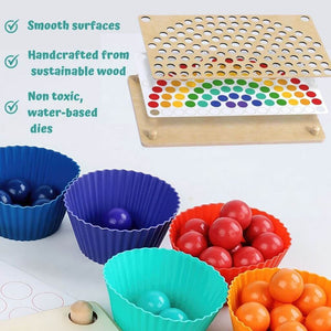 Montessori fine motor toy with wooden balls and patterns info graphic