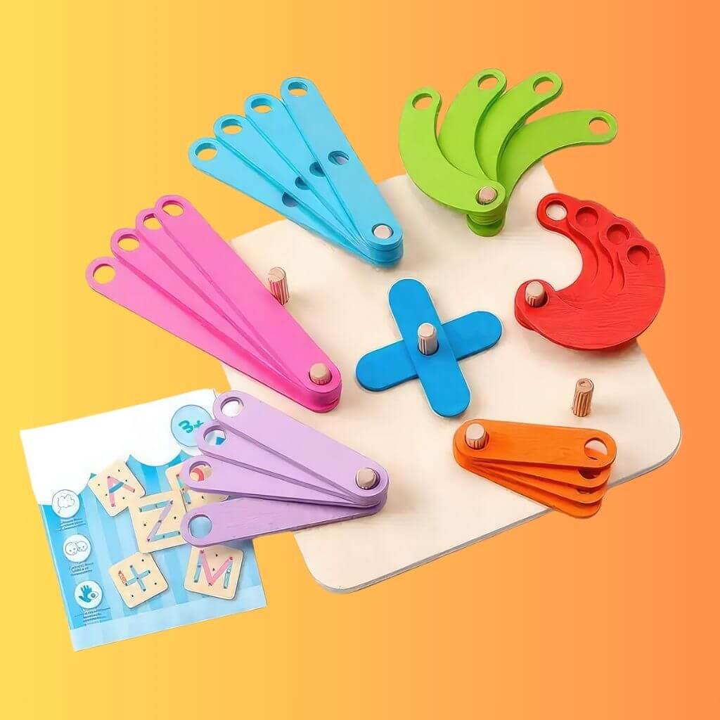 Montessori wooden letters and numbers construction set and idea booklet on yellow background