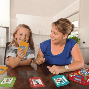 Mother and daughter playing Skillmatics Found It For When You're at Home Game