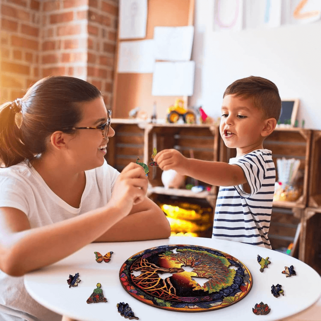 Mother and son assembling a Tree of Life puzzle