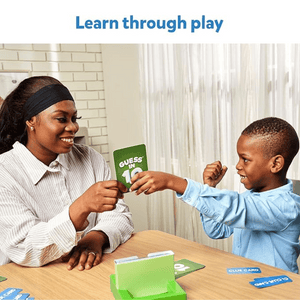 Mother and son playing Skillmatics Guess in 10 Animal Kingdom card game