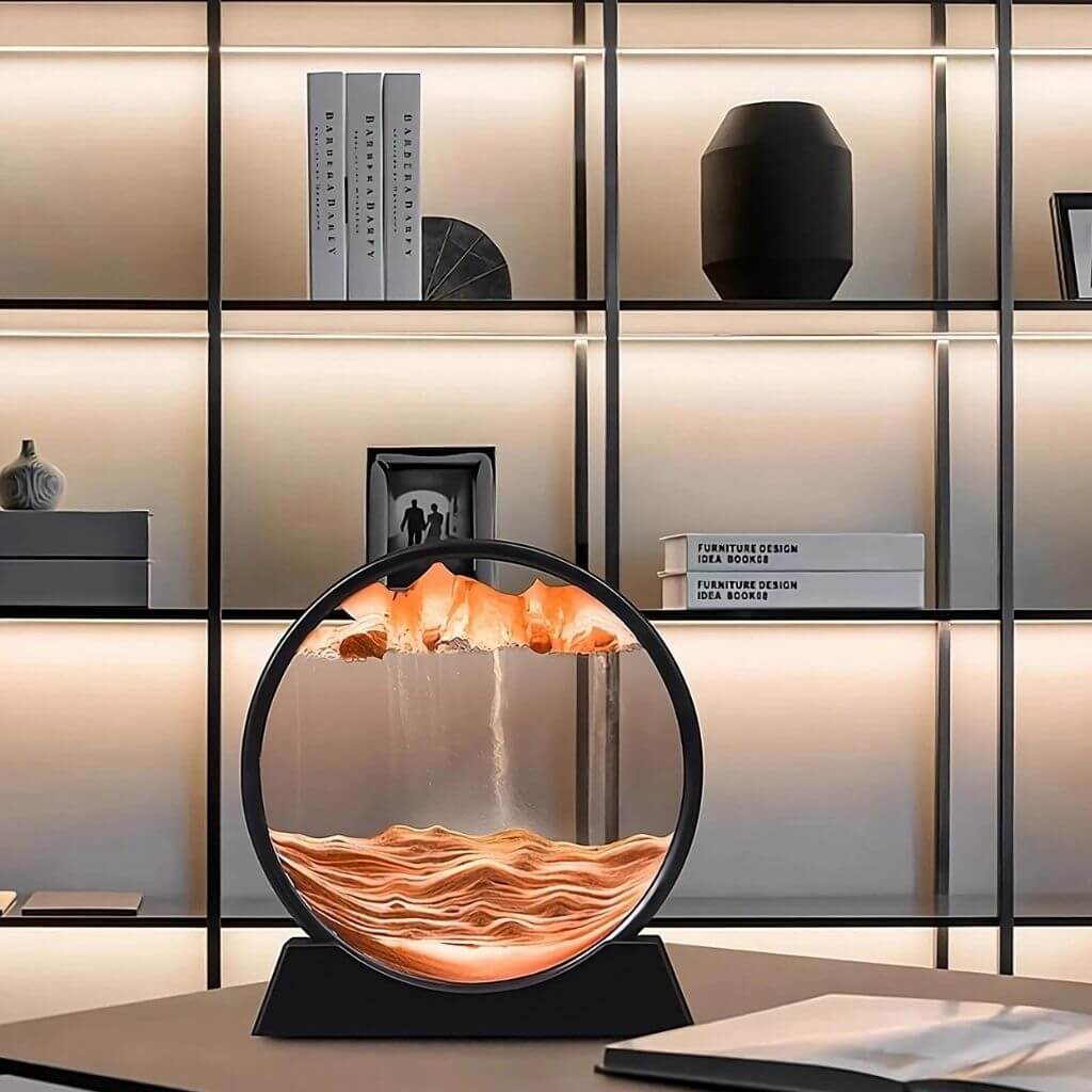 Moving sand art orange in front of a display shelves unit