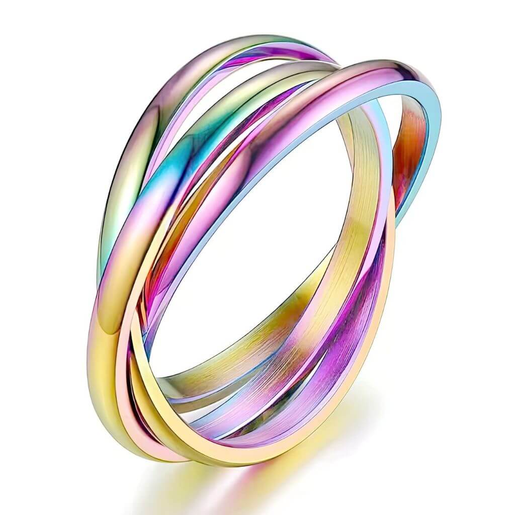 Multicolored  stainless steel fidget ring with a white background