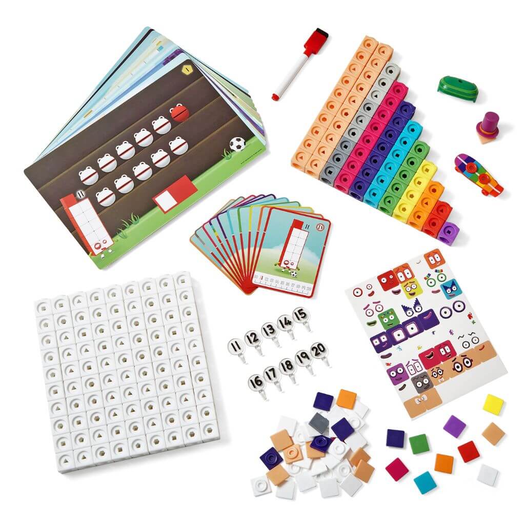 Numberblocks mathlink cubes eleven to twenty activity set contents on white background