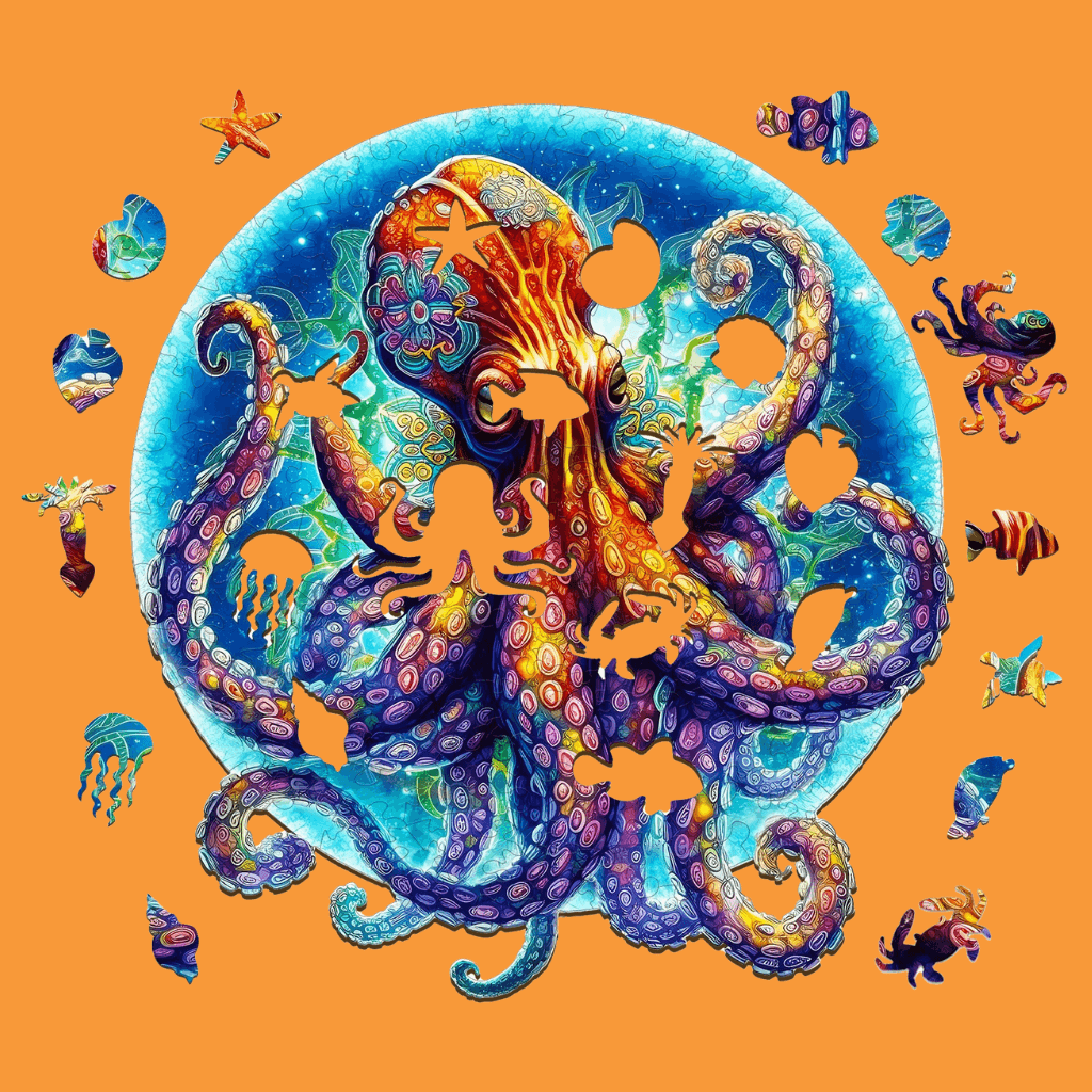 Octopus shaped puzzle on orange background