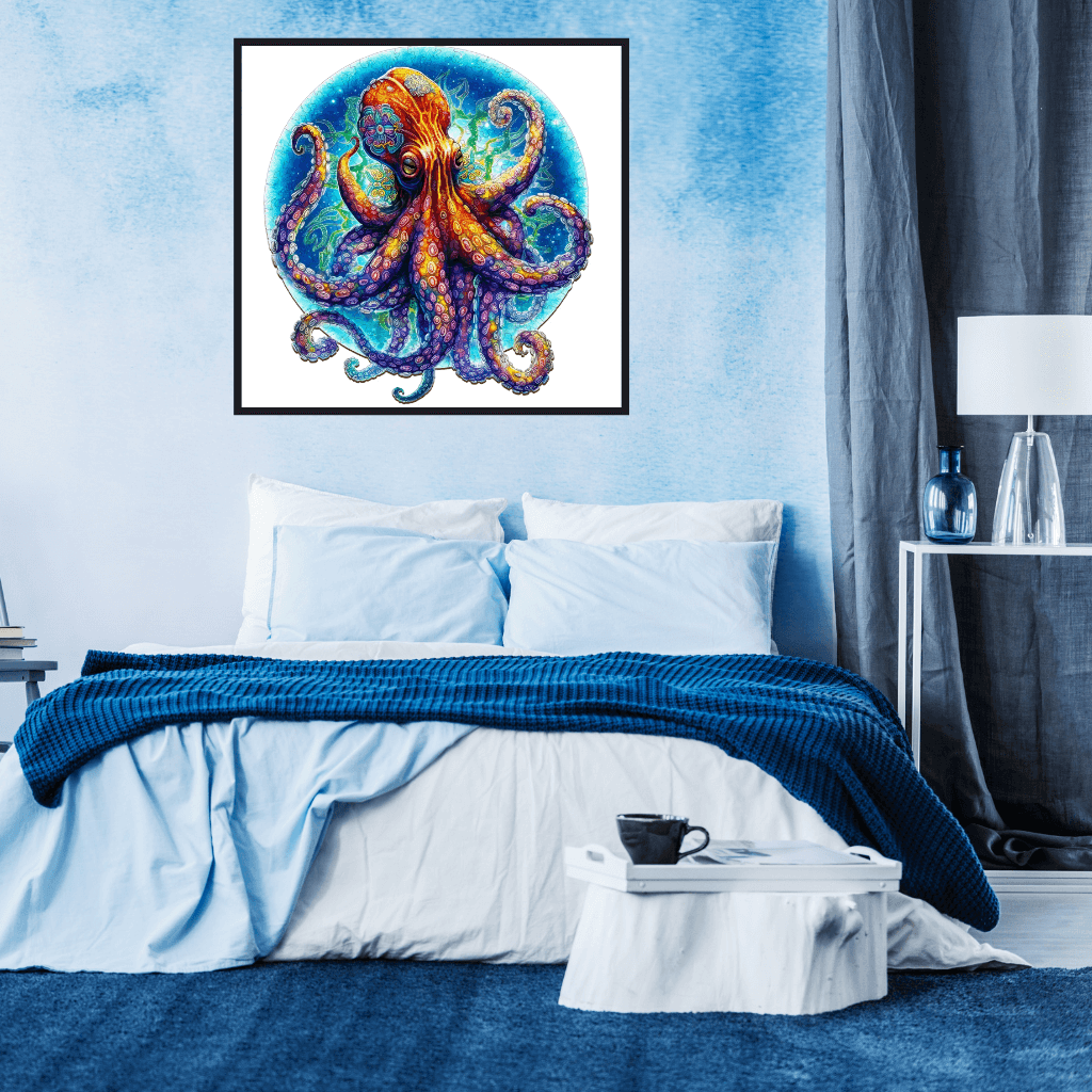 Octopus wooden puzzle on a bedroom wall