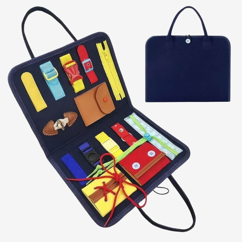 Open and closed blue felt busy books on white background