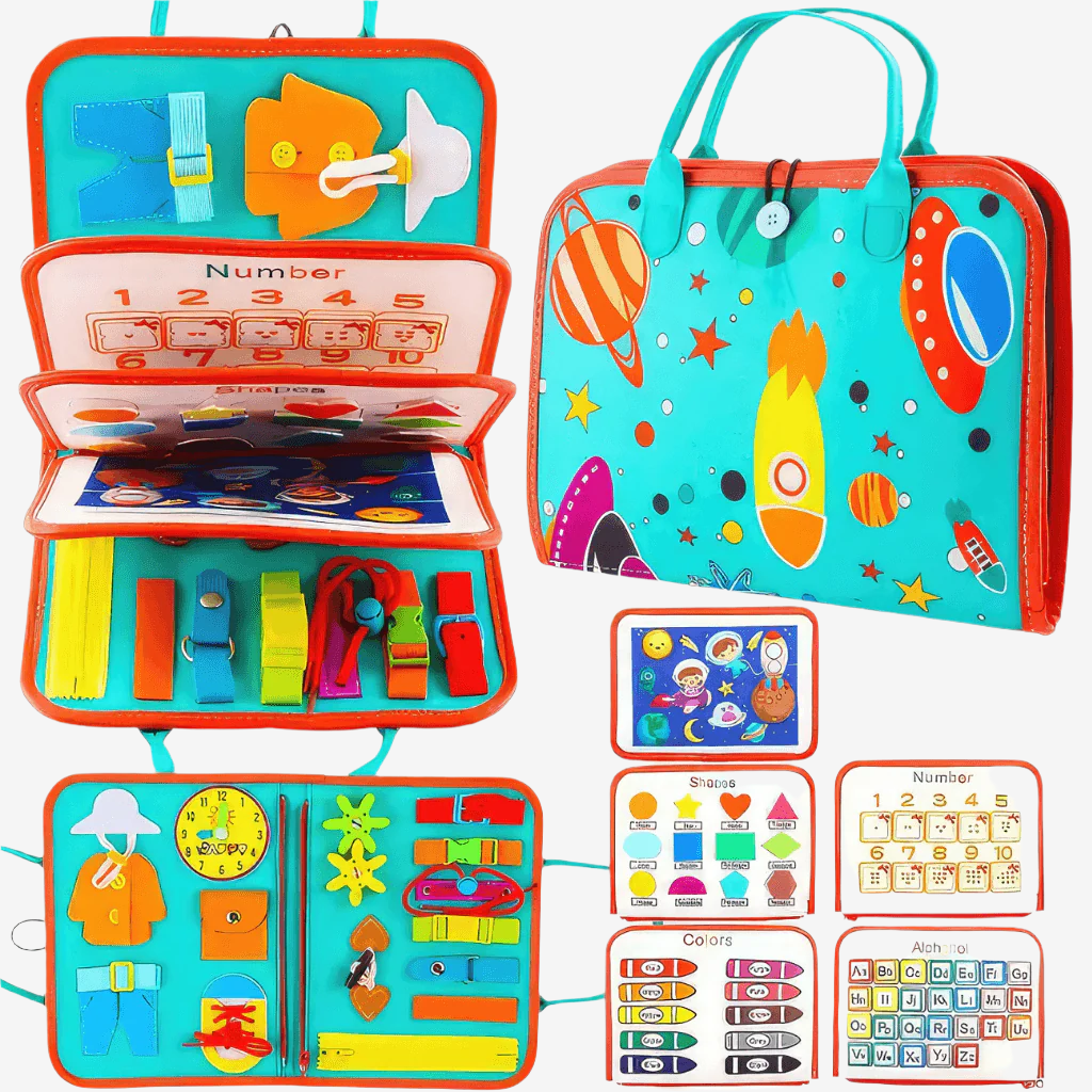 Open and closed busy books and seven activity pages on white background