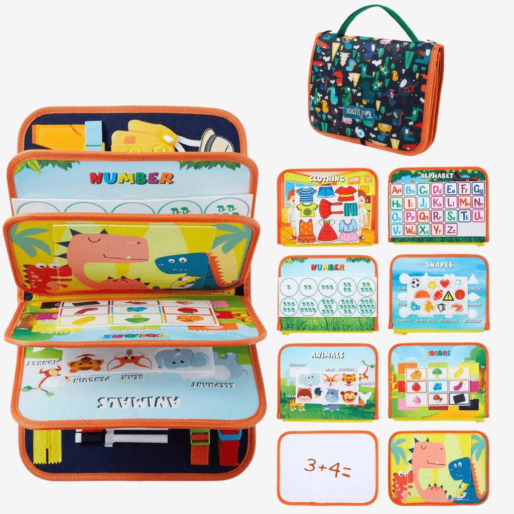 Open and closed busy books and ten activity pages on white background