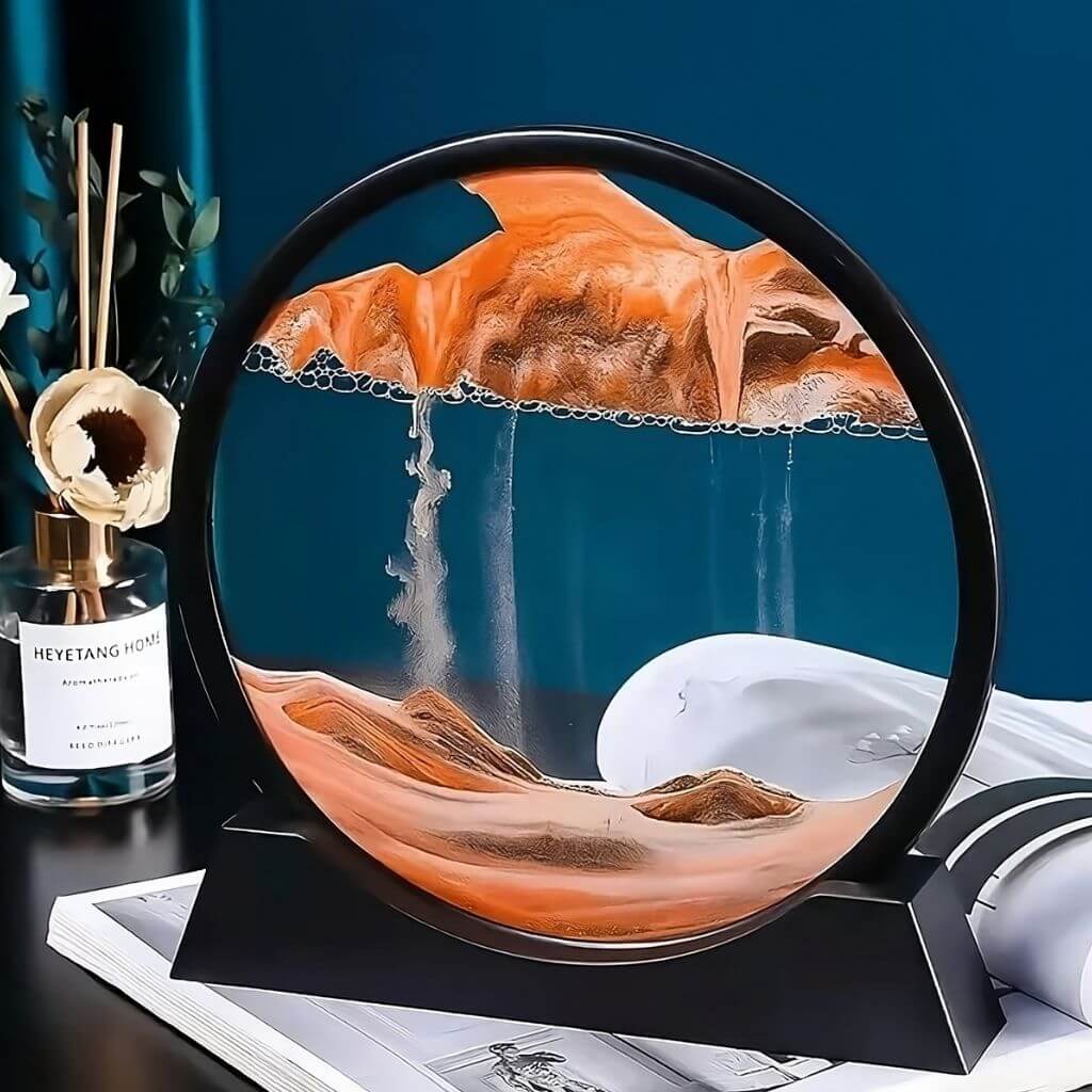 Orange large moving sand art in Australia on a magazine and teal background