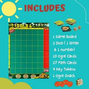 List with what is included in the Race to the Treasure cooperative board game by Peaceable Kingdom