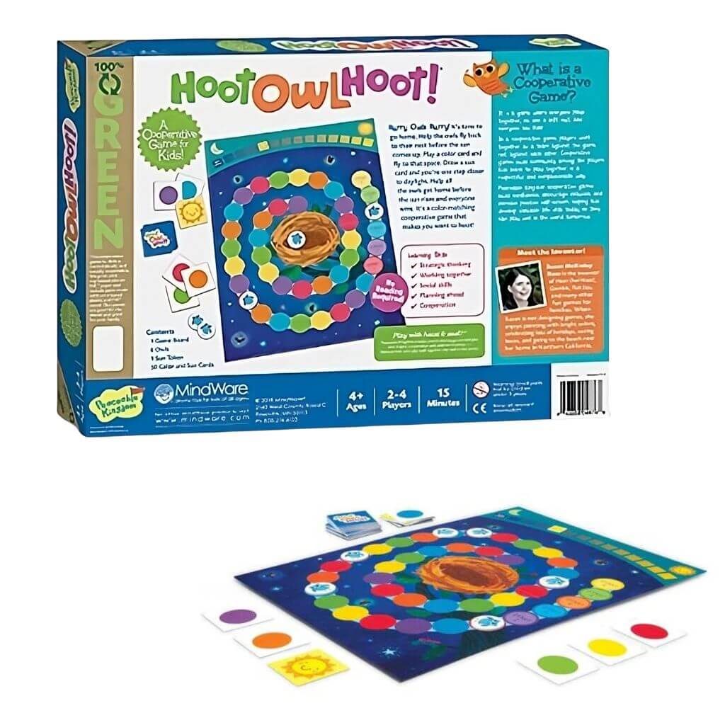  Peaceable Kingdom Hoot Owl Hoot game box, board, tokens on white background